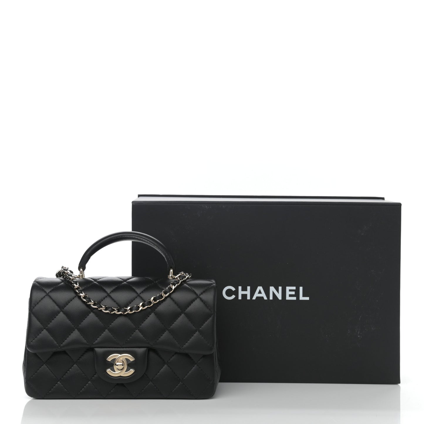 Lambskin Quilted Mini Top Handle Rectangular Flap Black