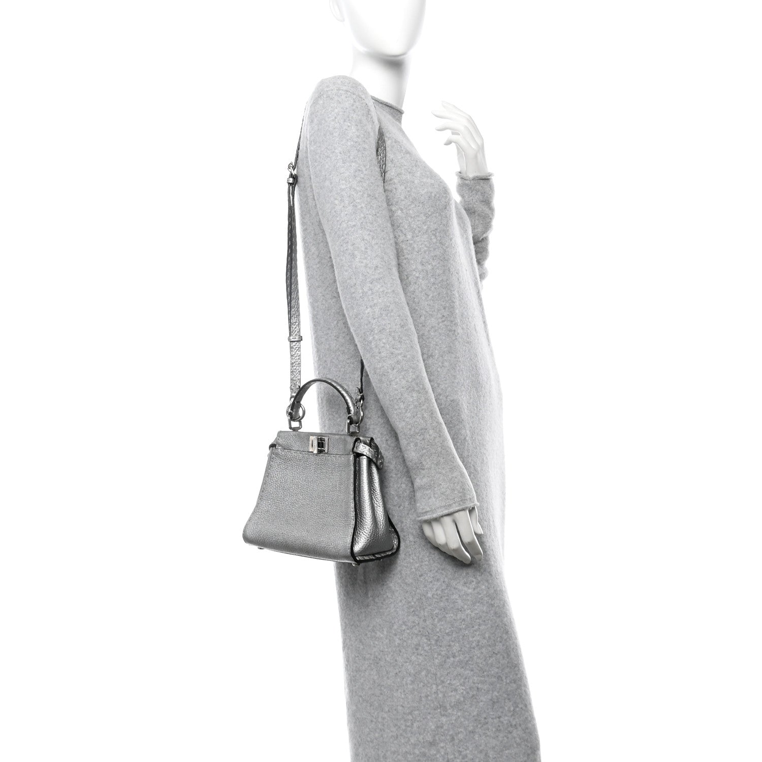 Fendi Cuoio Romano Lux Selleria Mini Peekaboo Iconic Satchel Argento 2 of 13