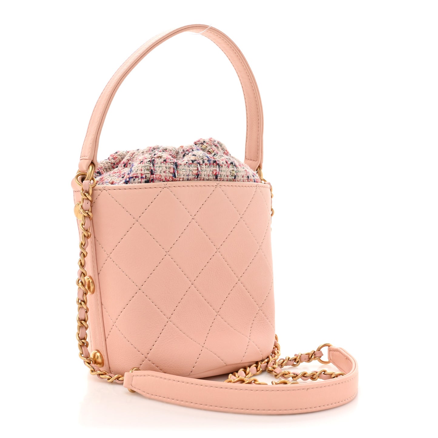 Calfskin Tweed Small CC Chain Bucket Drawstring Bag Light Pink