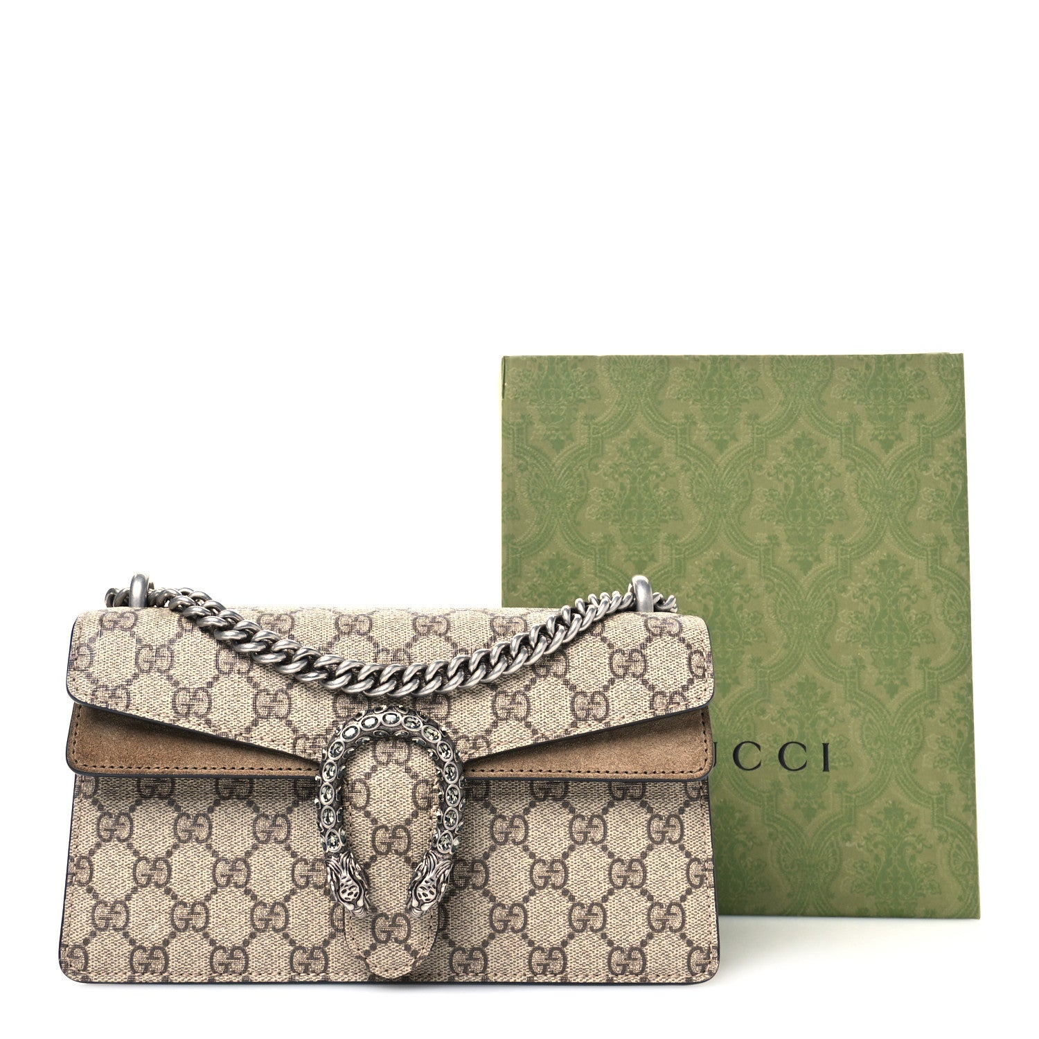 Gucci GG Supreme Monogram Suede Crystal Small Dionysus Shoulder Bag Beige Ebony Taupe 10 of 10