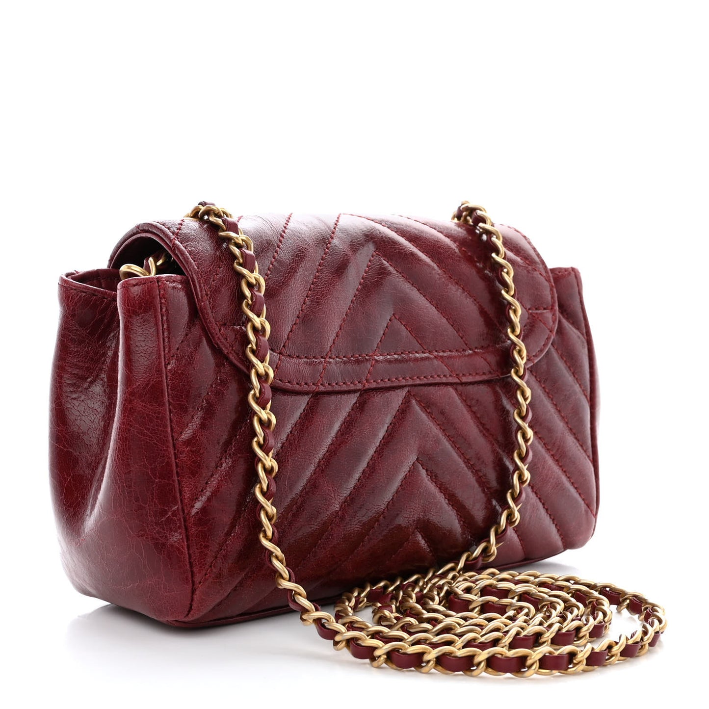 Glazed Calfskin Chevron Quilted Small Hampton Flap Burgundy