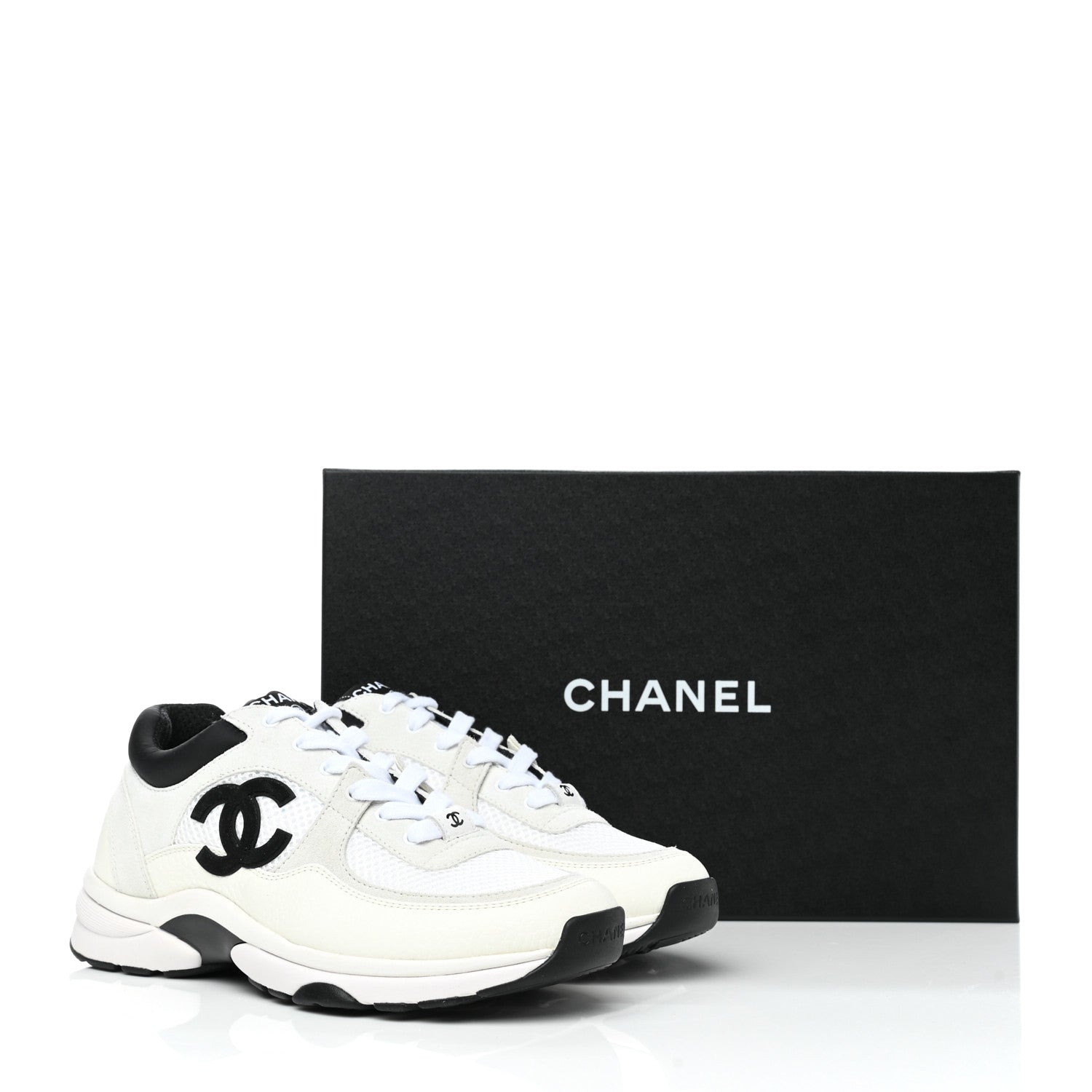 Chanel Mesh Suede Calfskin Grained Calfskin Womens CC Sneakers 38 White Black 8 of 9
