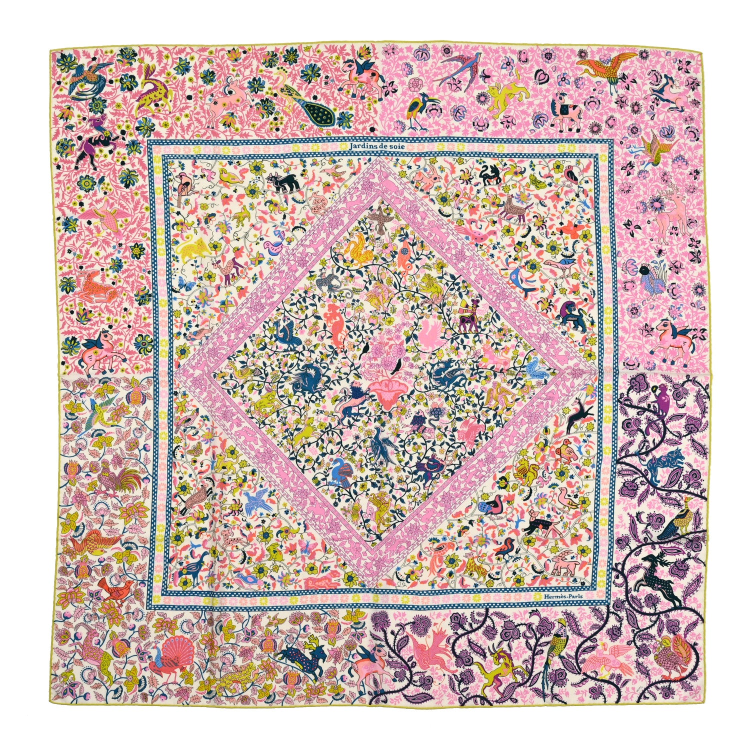 Hermes Cashmere Silk Jardins De Soie Shawl 140 Rose Bonbon Jaune 1 of 5