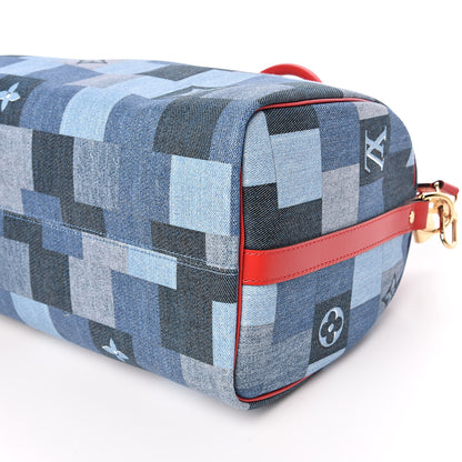 Louis Vuitton Denim Damier Monogram Patchwork Speedy Bandouliere 30 Blue Rouge 10 of 12