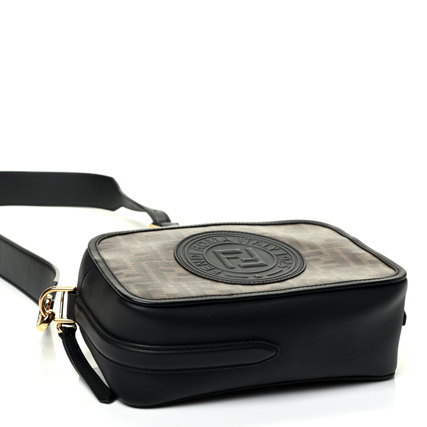 Glazed Fabric Vitello Century F is Fendi FF 1974 Stamp Patch Camera Case Mogano Panna Black