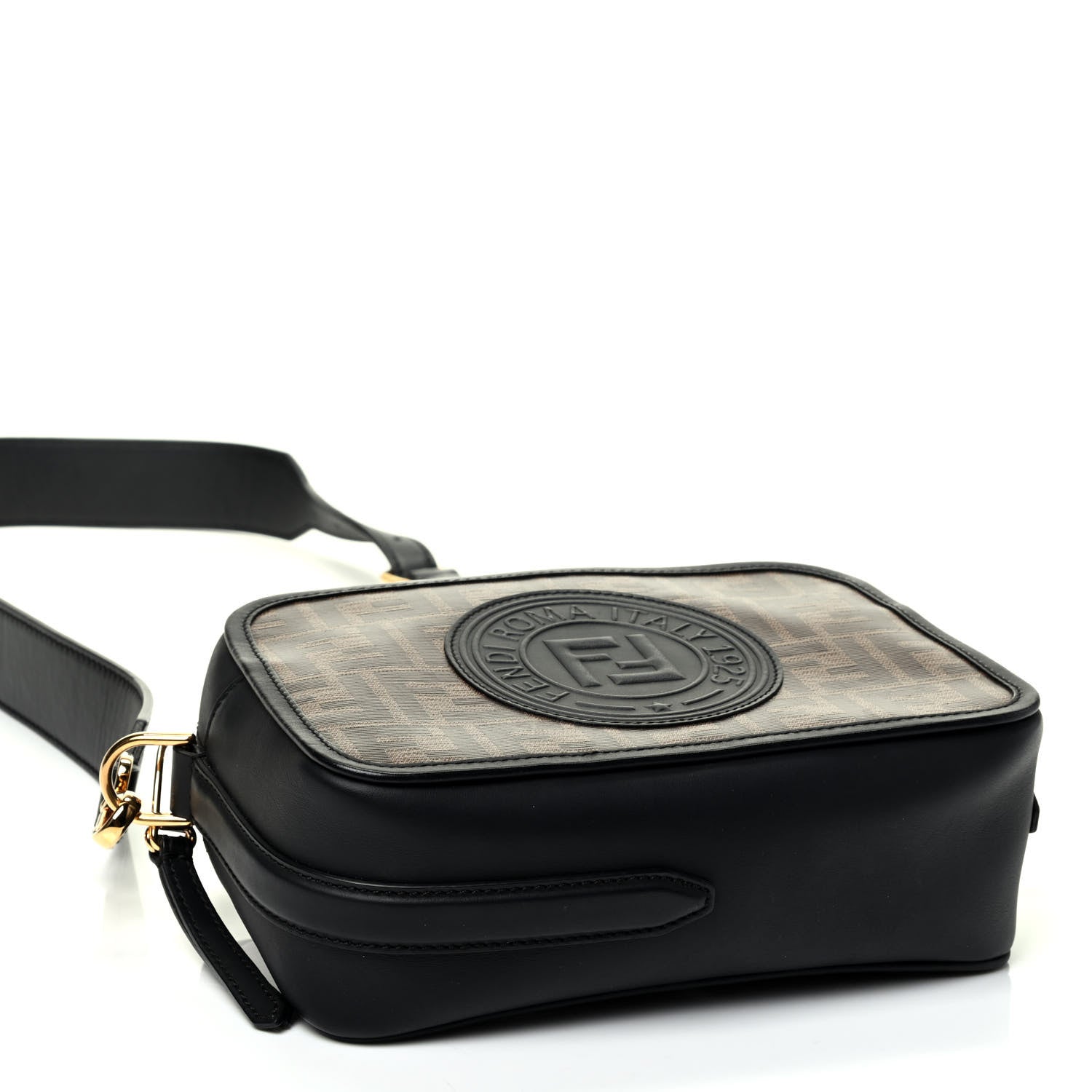 Fendi Glazed Fabric Vitello Century F is Fendi FF 1974 Stamp Patch Camera Case Mogano Panna Black 3 of 4