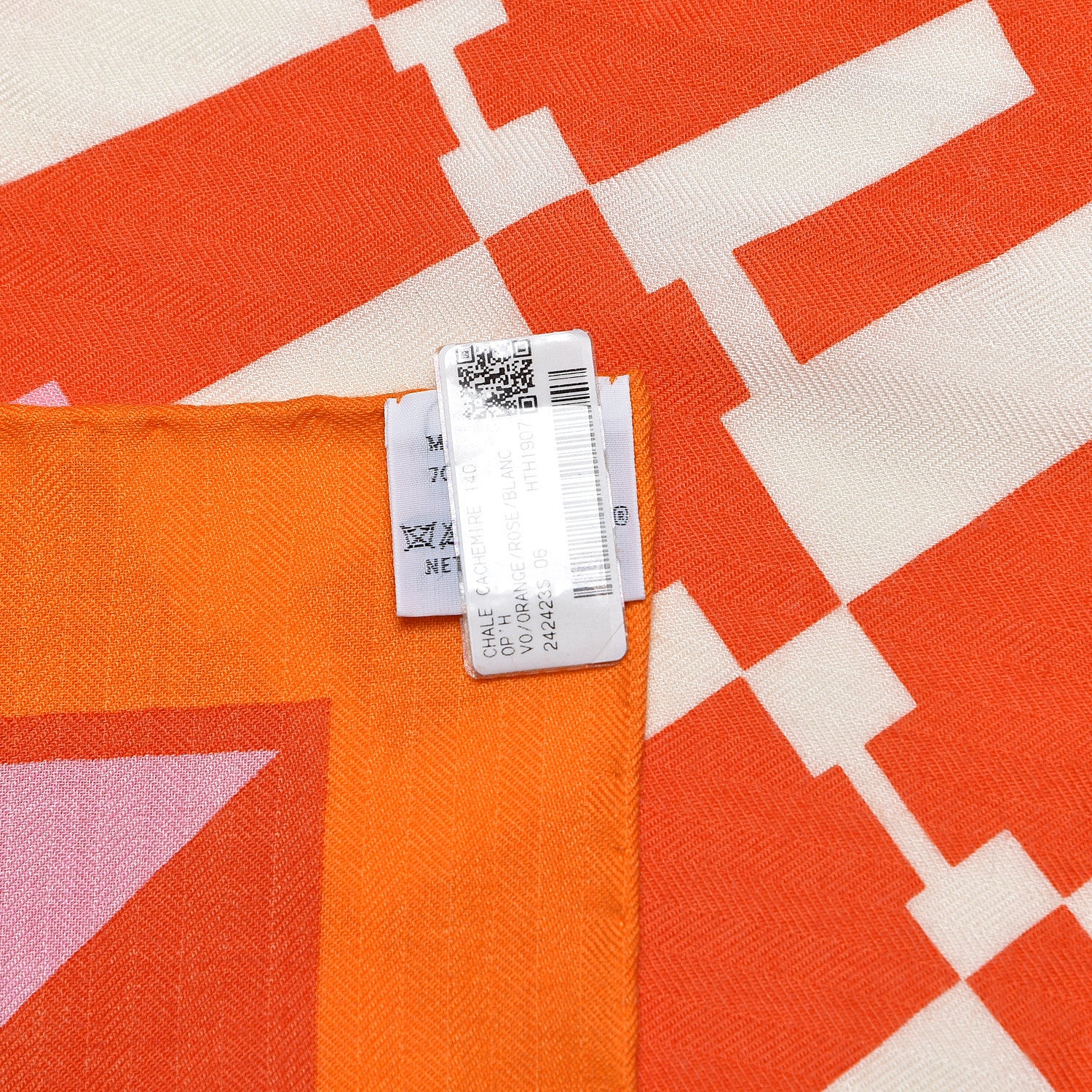Hermes Cashmere Silk Op'H Shawl 140 Orange Rose Blanc 5 of 5
