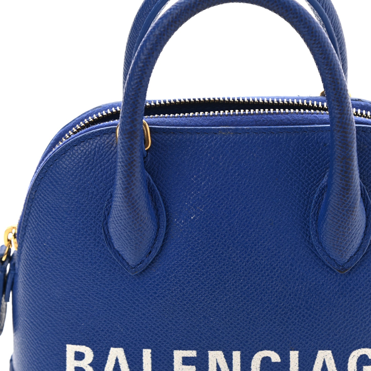 Signature Grained Calfskin Logo XXS Ville Top Handle Bag Bleu Roi White