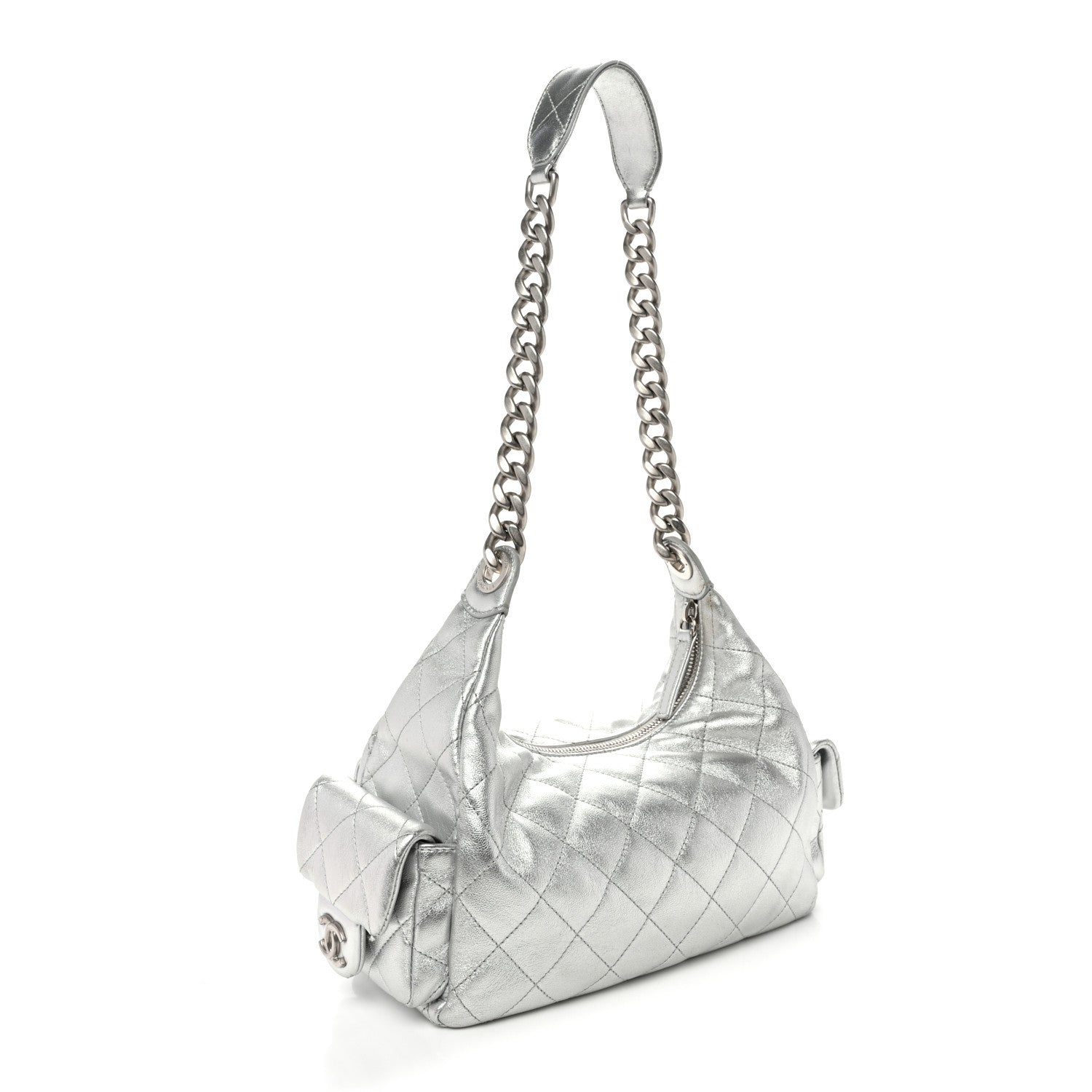 Chanel Metallic Lambskin Quilted Trendy Pockets Hobo Silver