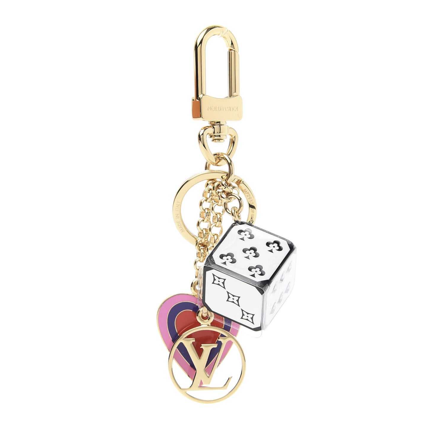 Metal Resin Game On Dice and Heart Charm Key Holder Gold