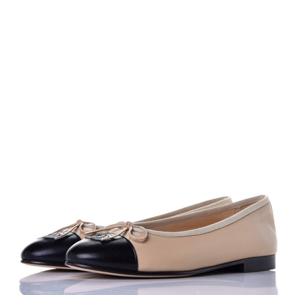 Chanel Lambskin CC Cap Toe Ballerina Flats 37 Beige Black 3 of 8