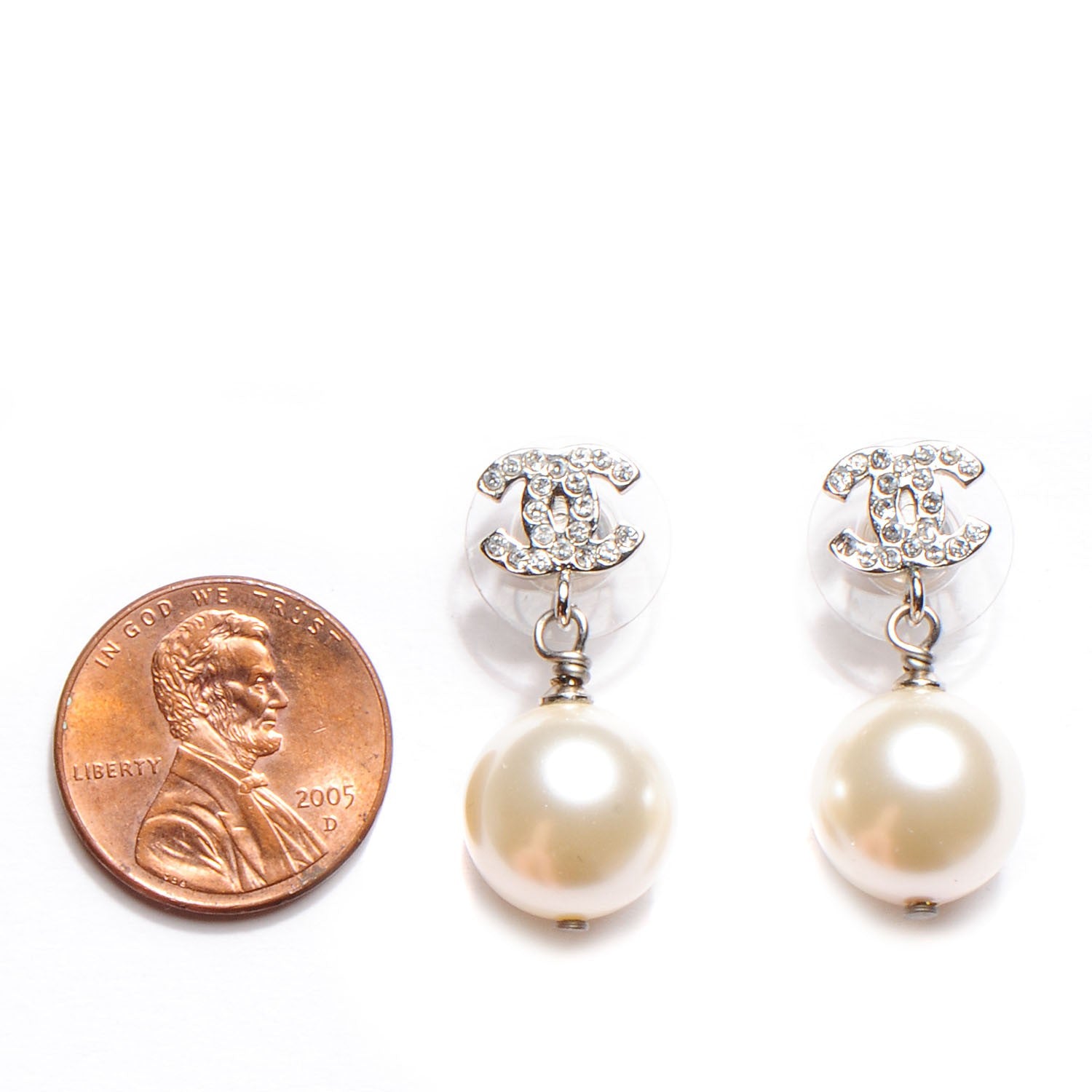 Chanel Crystal Pearl CC Drop Earrings Silver 2 of 4