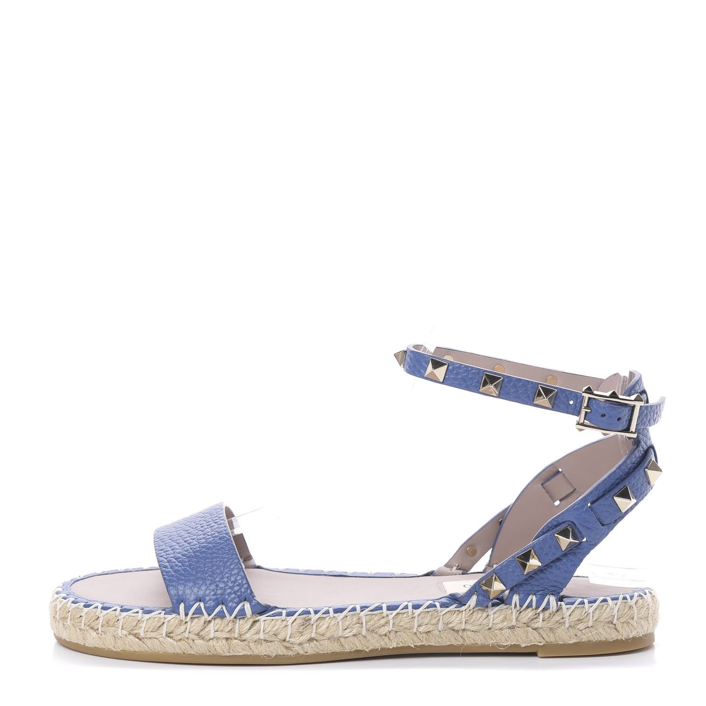 Grained Calfskin Rockstud Ankle Strap Espadrille Flat Sandals 36 Baltique