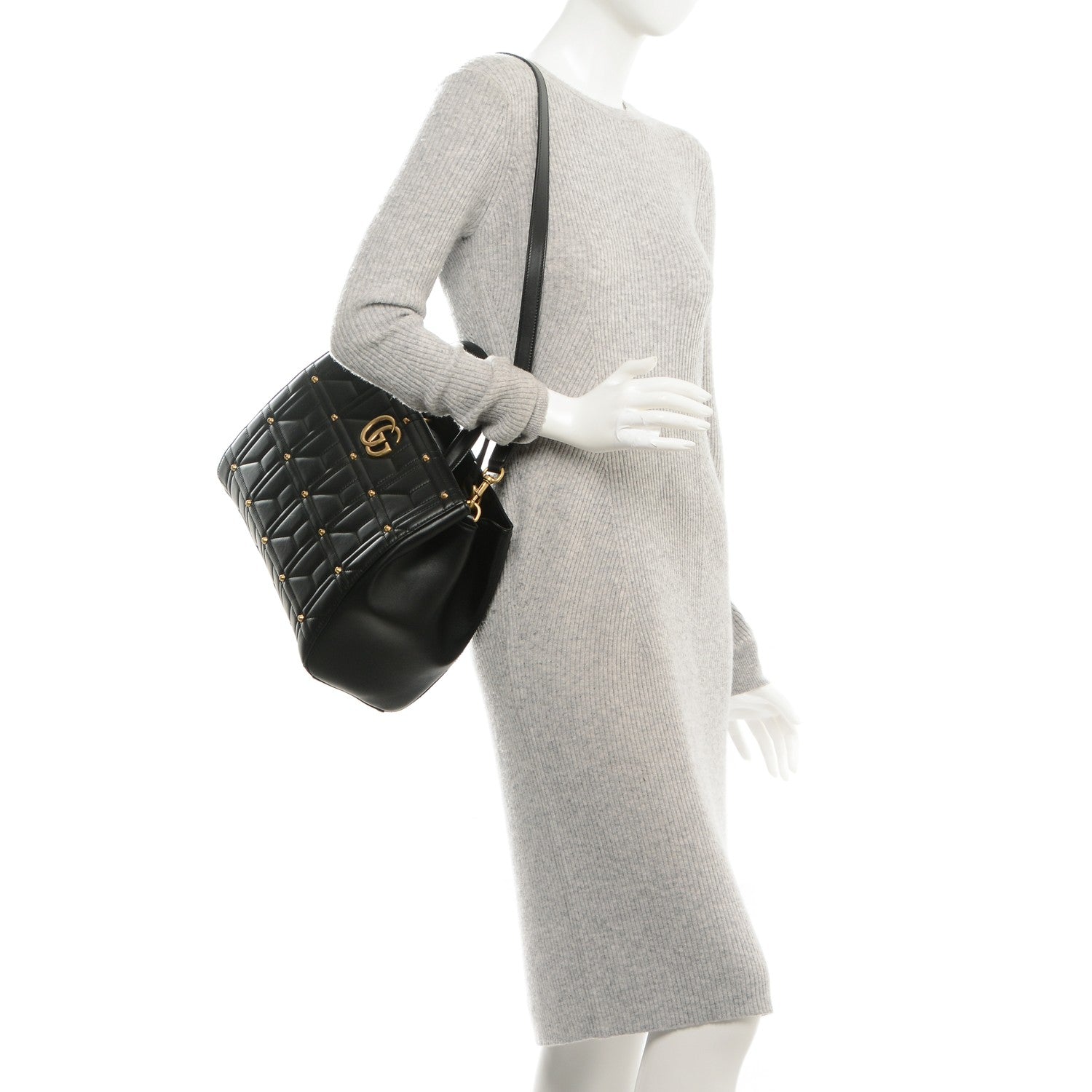 Gucci Calfskin Matelasse Studded Medium GG Marmont Tote Black 2 of 7