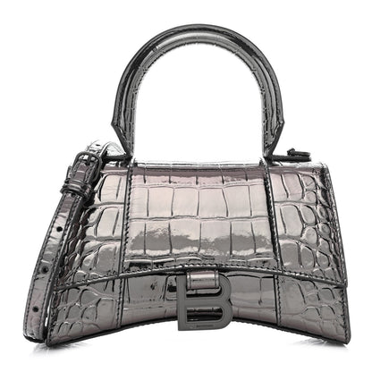 Balenciaga Metallic Shiny Calfskin Crocodile Embossed Hourglass Top Handle Bag XS Gunmetal 1 of 15