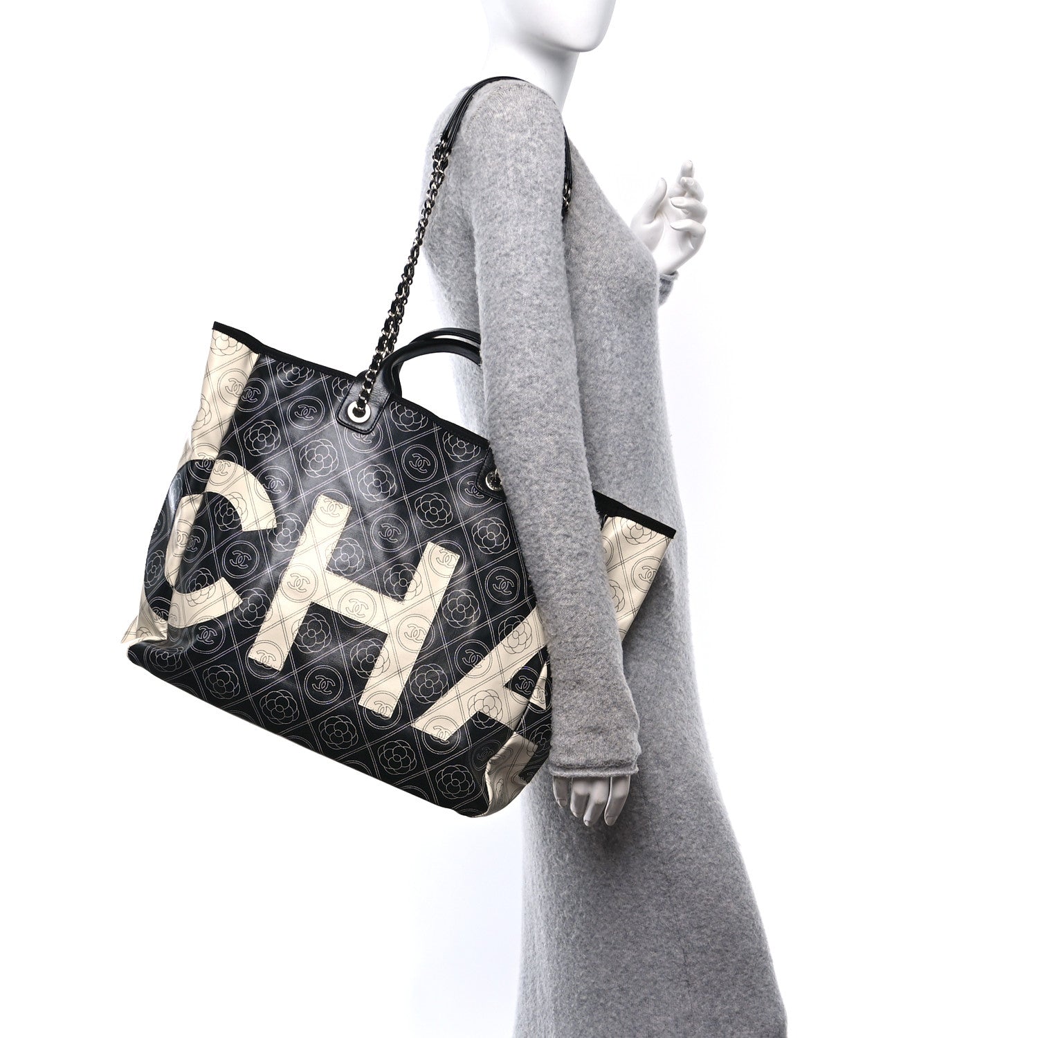 Chanel Coated Canvas Camellia Medium Shopping Tote Black Beige 2 of 9