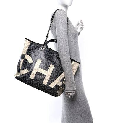 Chanel Coated Canvas Camellia Medium Shopping Tote Black Beige 2 of 9