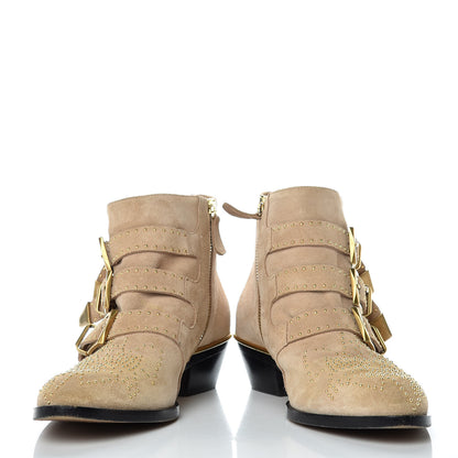 Chloe Suede Sheepskin Studded Susanna Ankle Boots 36.5 Beige Gold 5 of 14