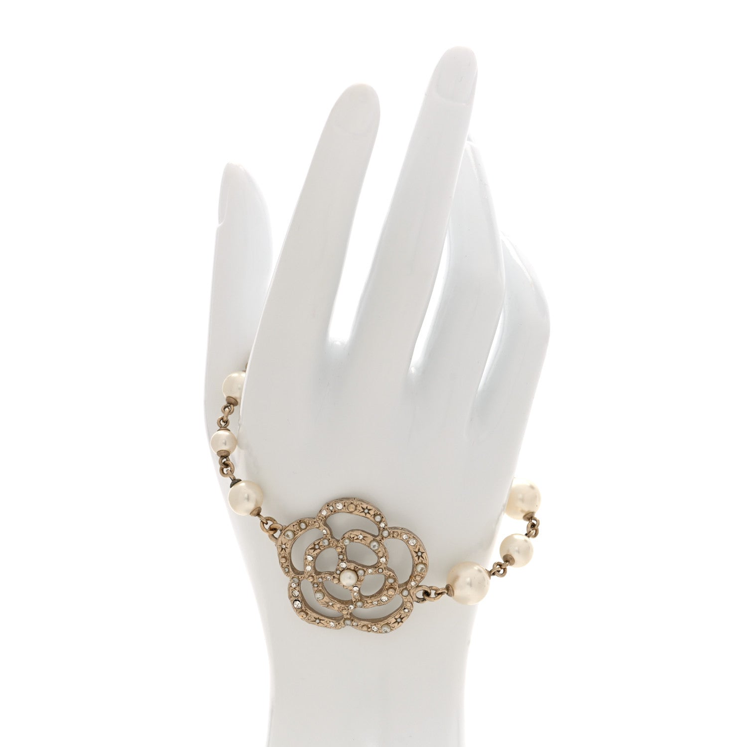 Chanel Swarovski Crystal Pearl Camellia CC Bracelet Gold 2 of 5