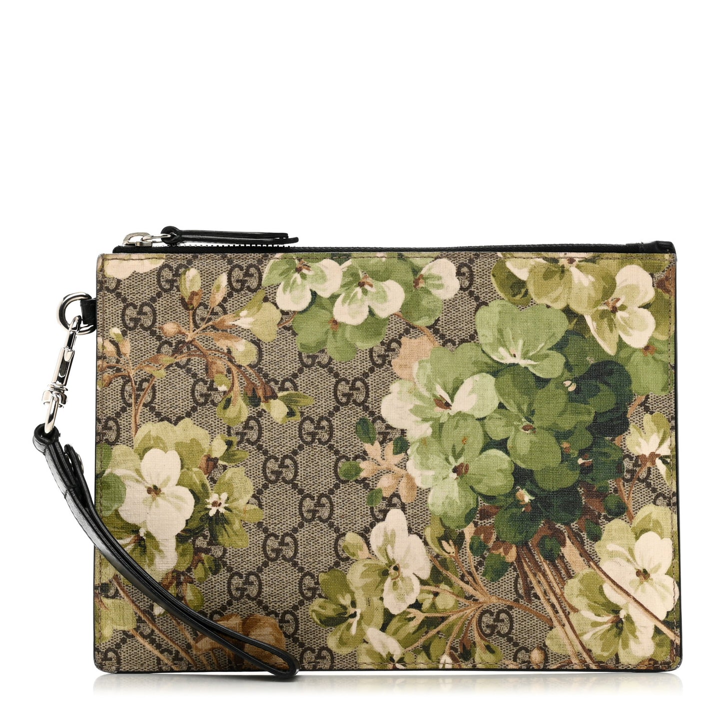 GG Supreme Monogram Blooms Small Zip Wristlet Pouch Beige New Military Black