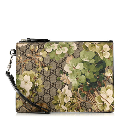 Gucci GG Supreme Monogram Blooms Small Zip Wristlet Pouch Beige New Military Black 1 of 8