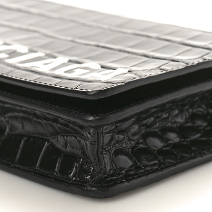 Balenciaga Shiny Calfskin Logo Crocodile Embossed Ville Wallet on Chain Black 10 of 13