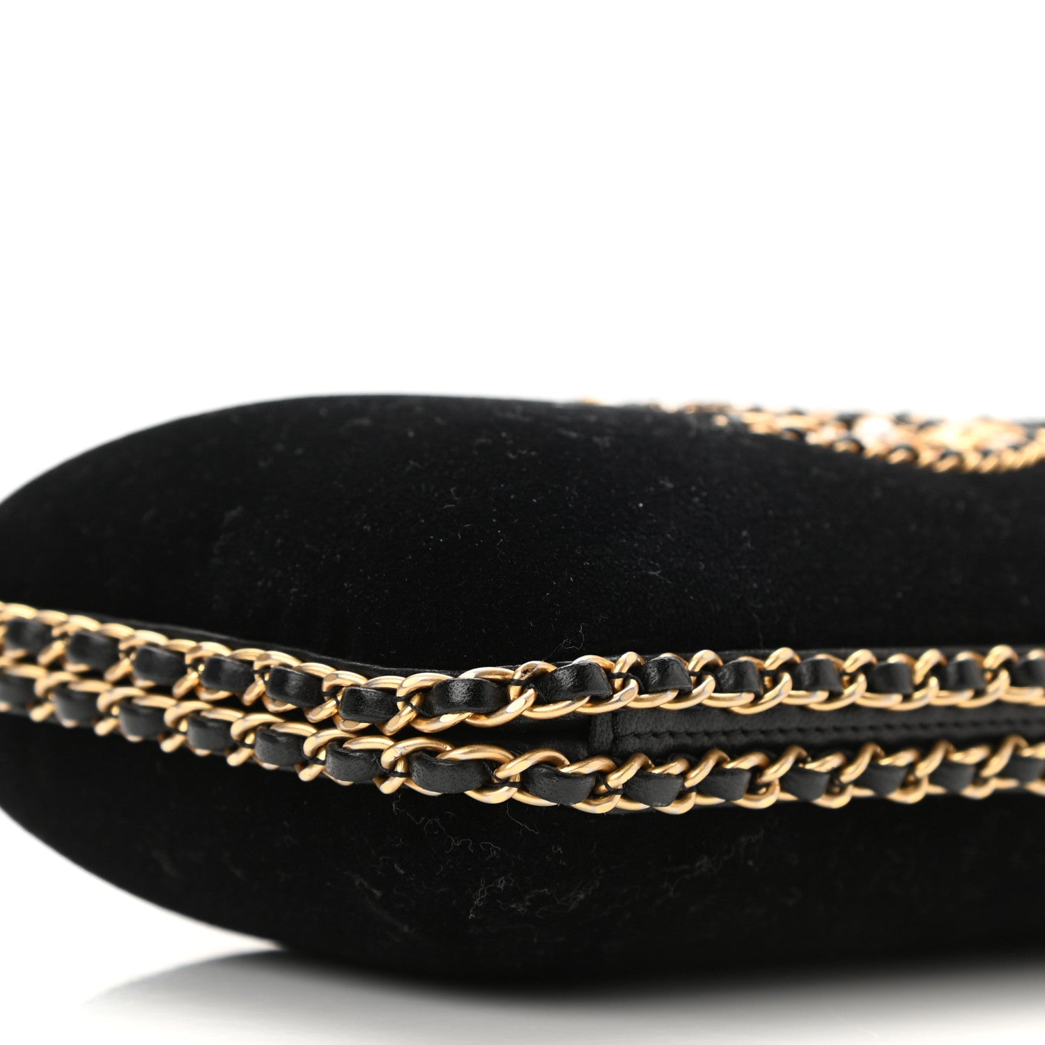 Chanel Velvet Pearl Crystal Sergeant Chain Around Evening Clutch Black Gold 9 of 10