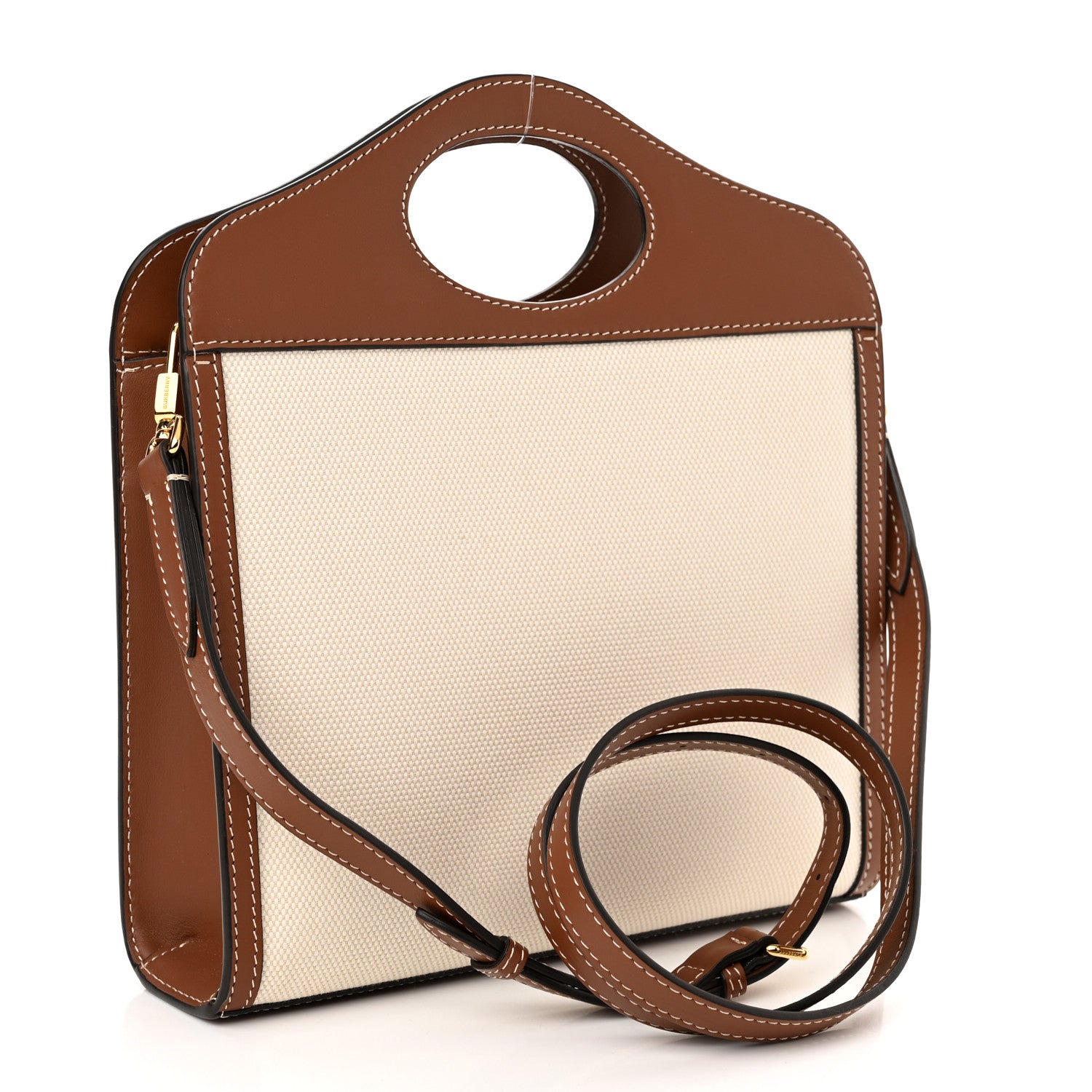 Burberry Canvas Smooth Calfskin Two Tone Mini Pocket Bag Natural Malt Brown 2 of 8