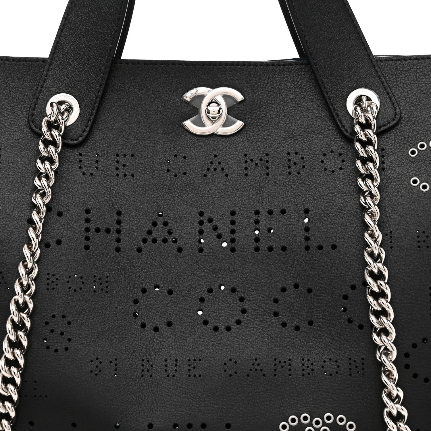 Chanel Calfskin Tweed Small Logo Eyelets Shopping Tote Black 9 of 11