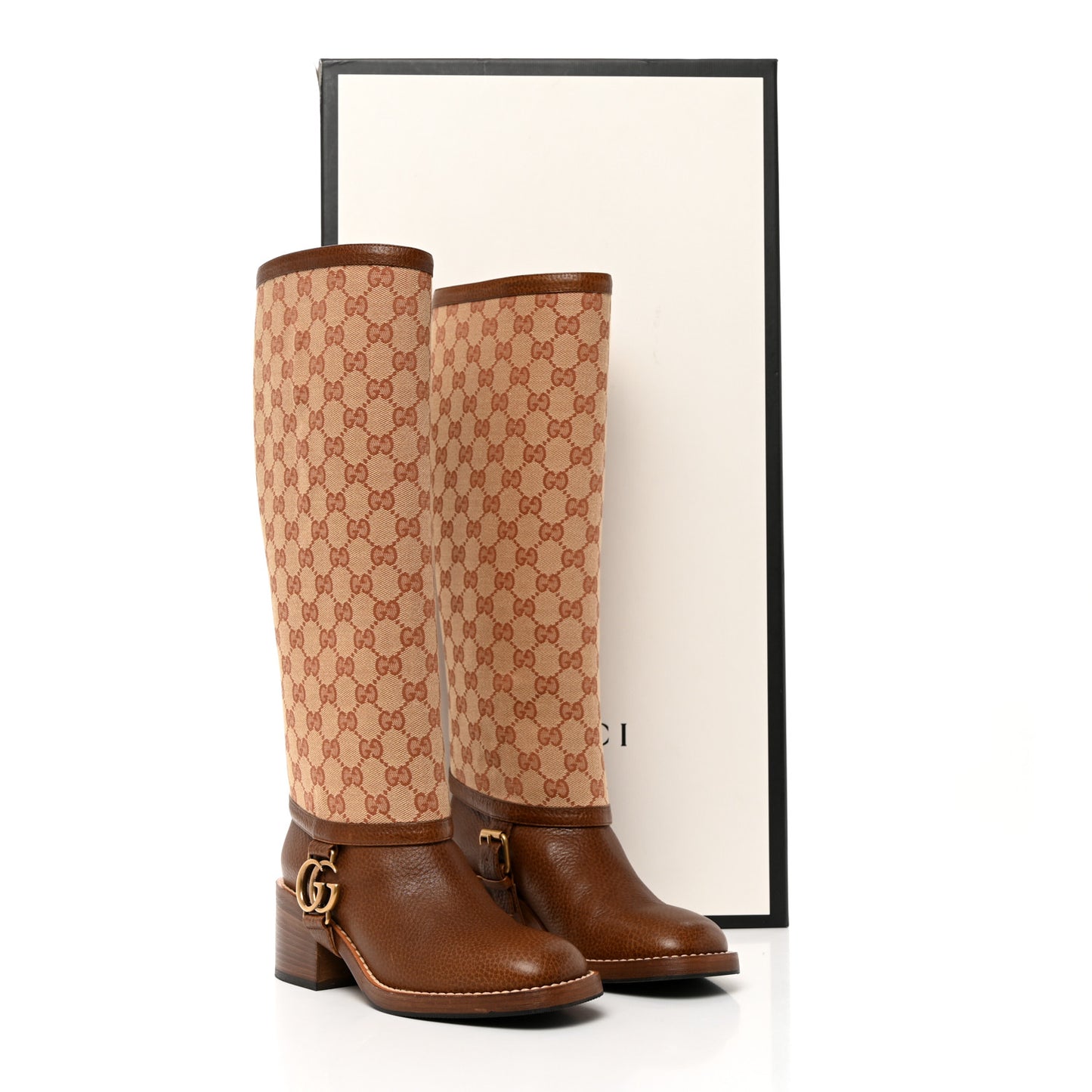 GG Monogram Calfskin Lola Tall Boots 35.5 Beige Ruggine