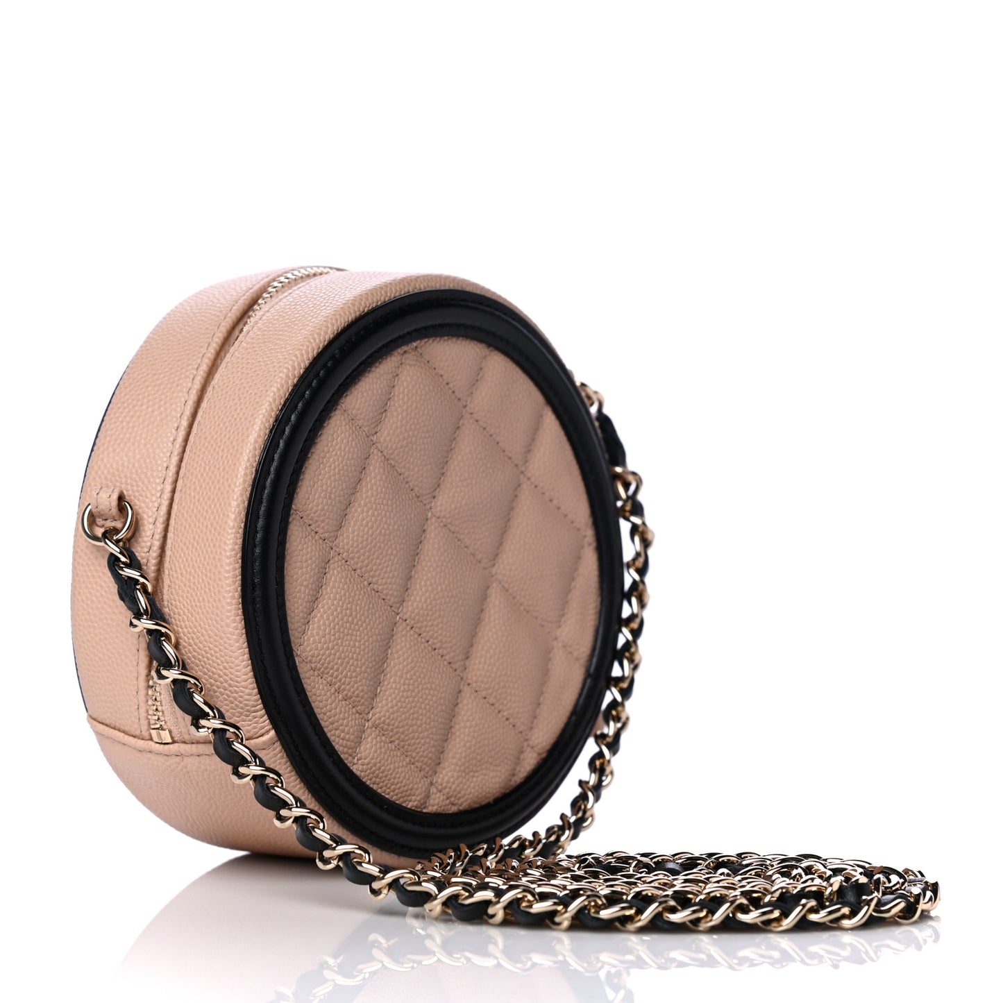 Caviar Quilted Round Filigree Crossbody Beige Black