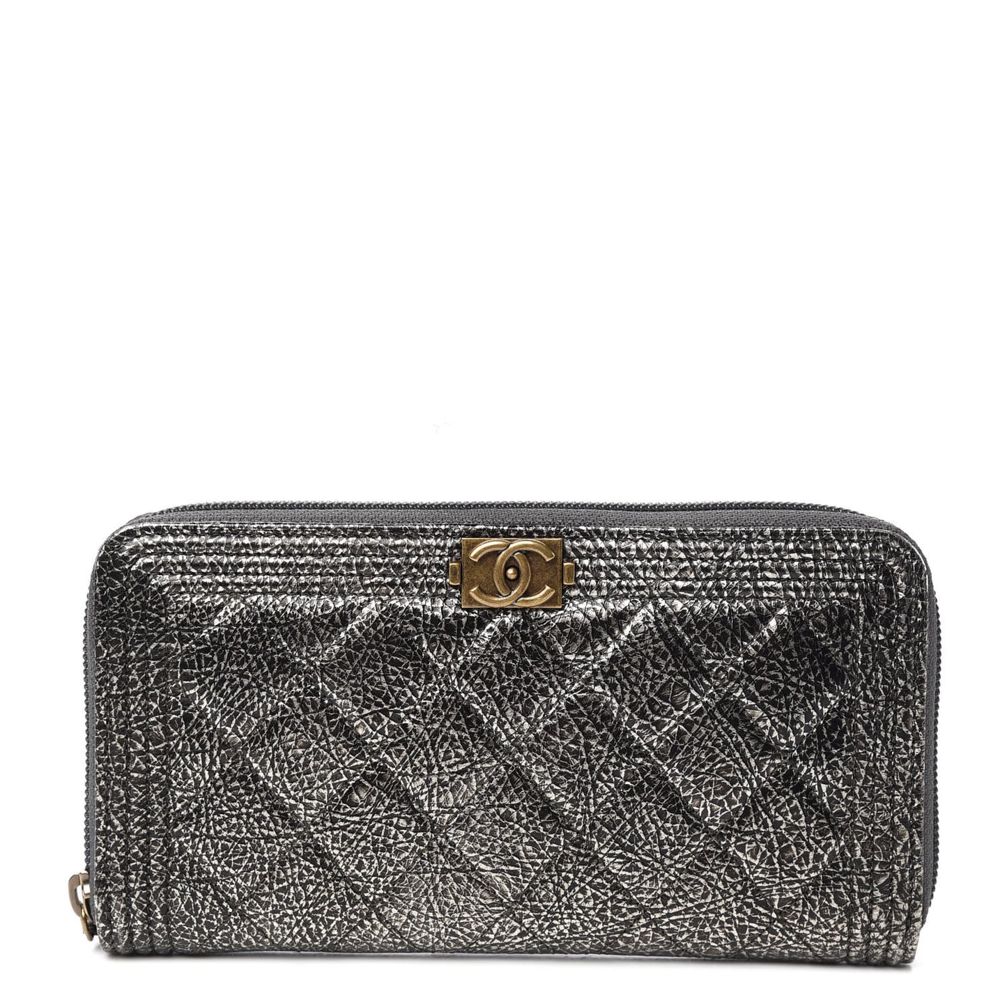 Cracked Metallic Calfskin Quilted Boy Long Zip Around Wallet Dark Silver