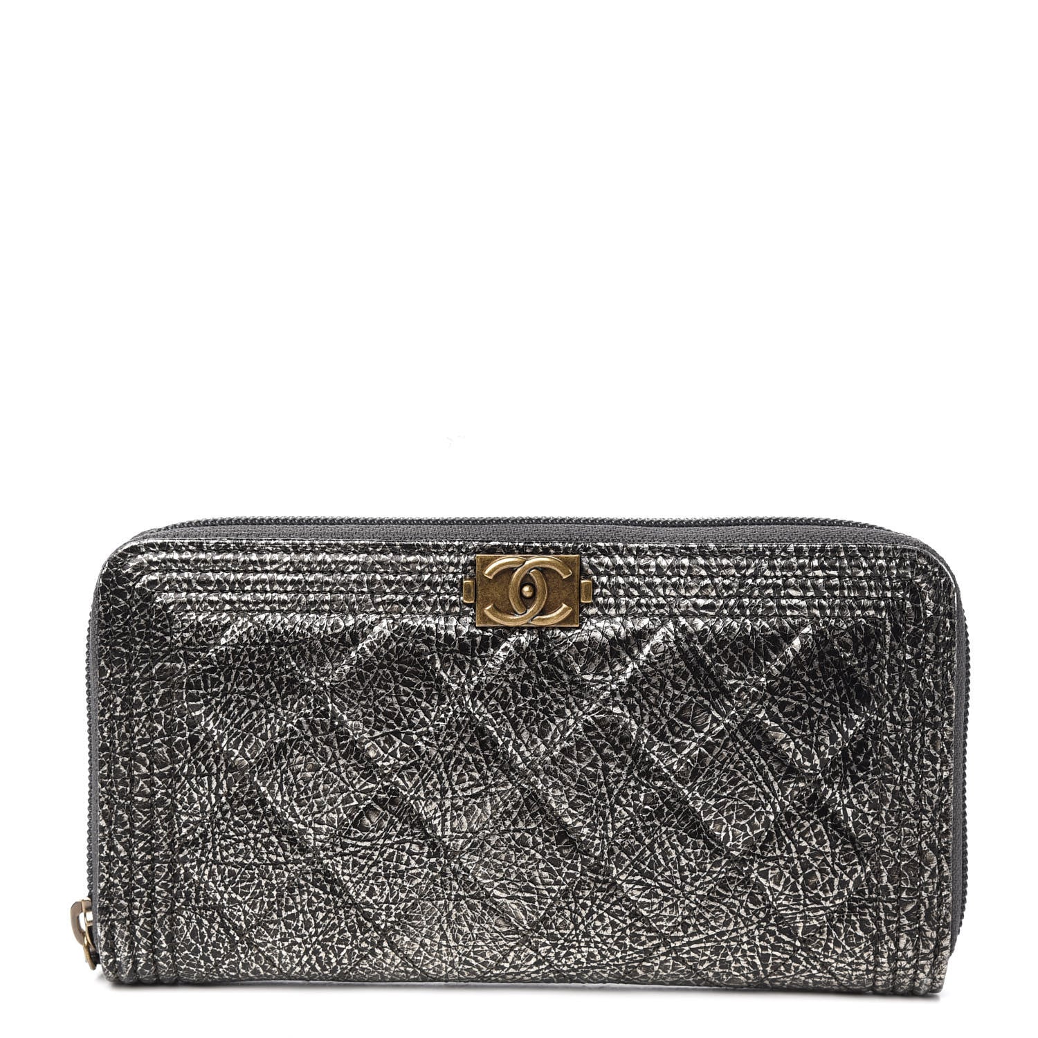 Chanel Cracked Metallic Calfskin Quilted Boy Long Zip Around Wallet Dark Silver 1 of 7