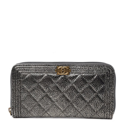 Chanel Cracked Metallic Calfskin Quilted Boy Long Zip Around Wallet Dark Silver 1 of 7