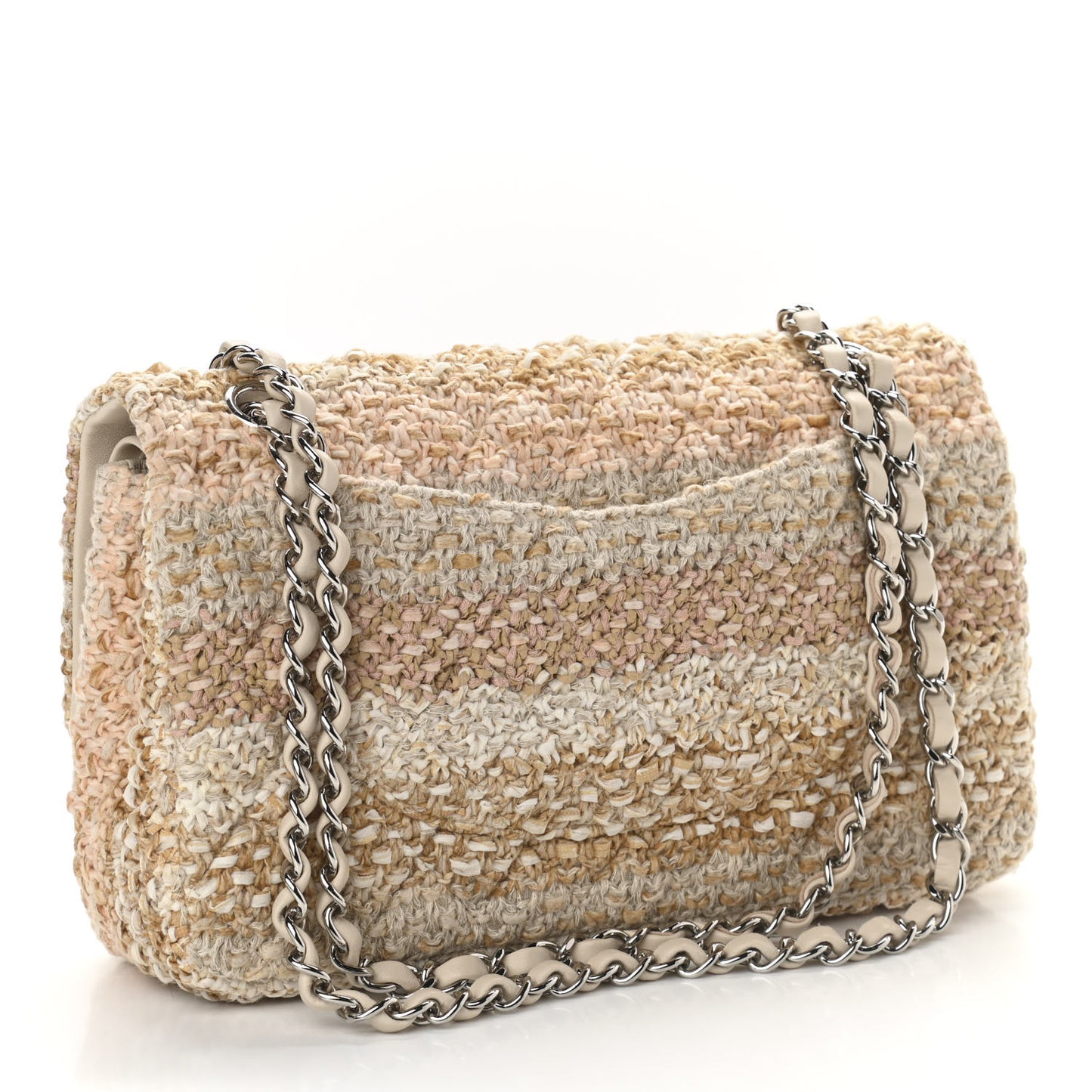 Tweed Quilted Medium Double Flap Beige Ecru Pink