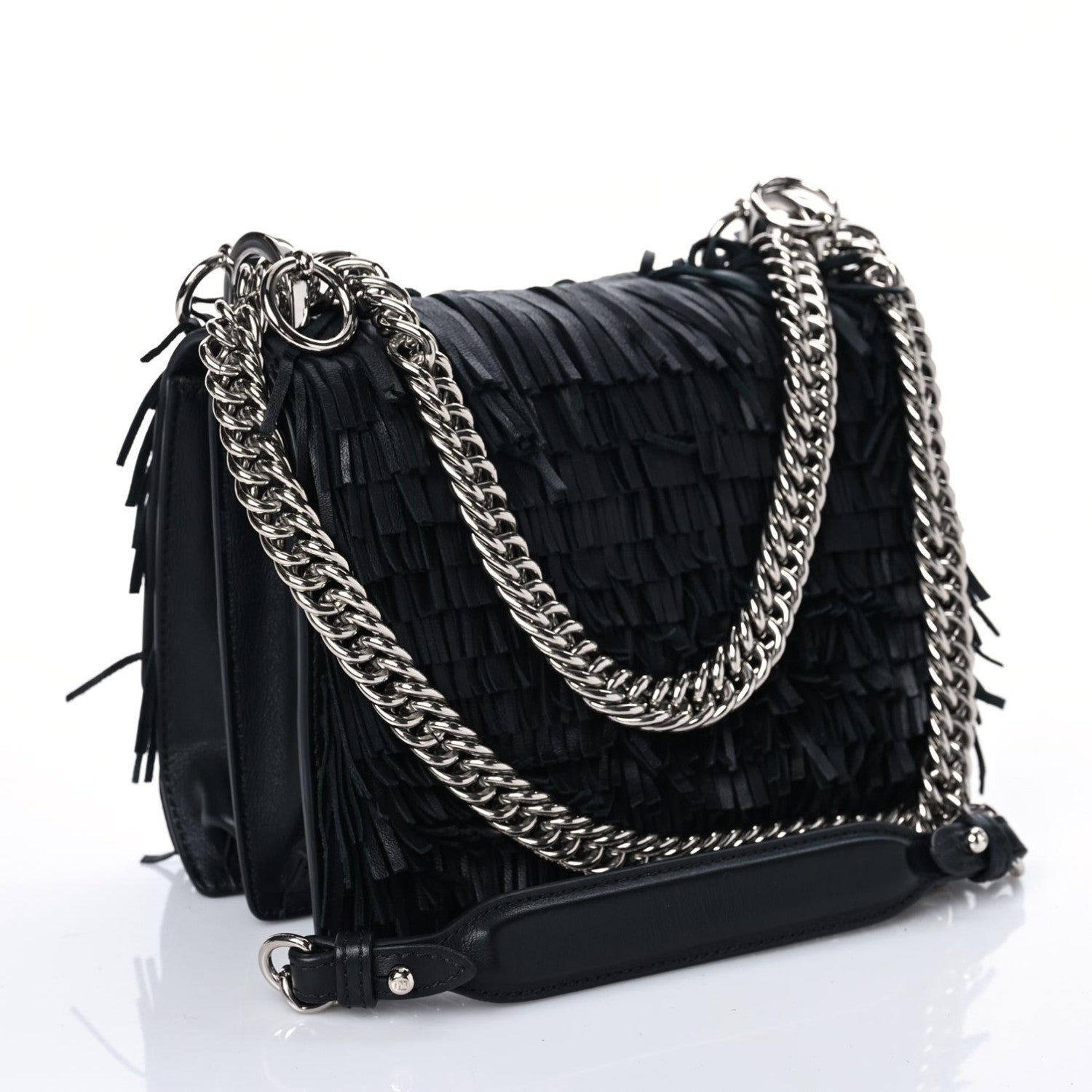 Fendi Smooth Calfskin Monster Eyes Fringe Studded Small Kan I Shoulder Bag Black 3 of 8