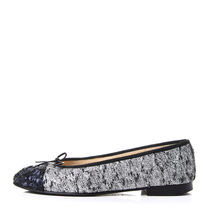 Chanel Tweed Sequin Cap Toe Ballerina Flats 38.5 Black Blue 1 of 9