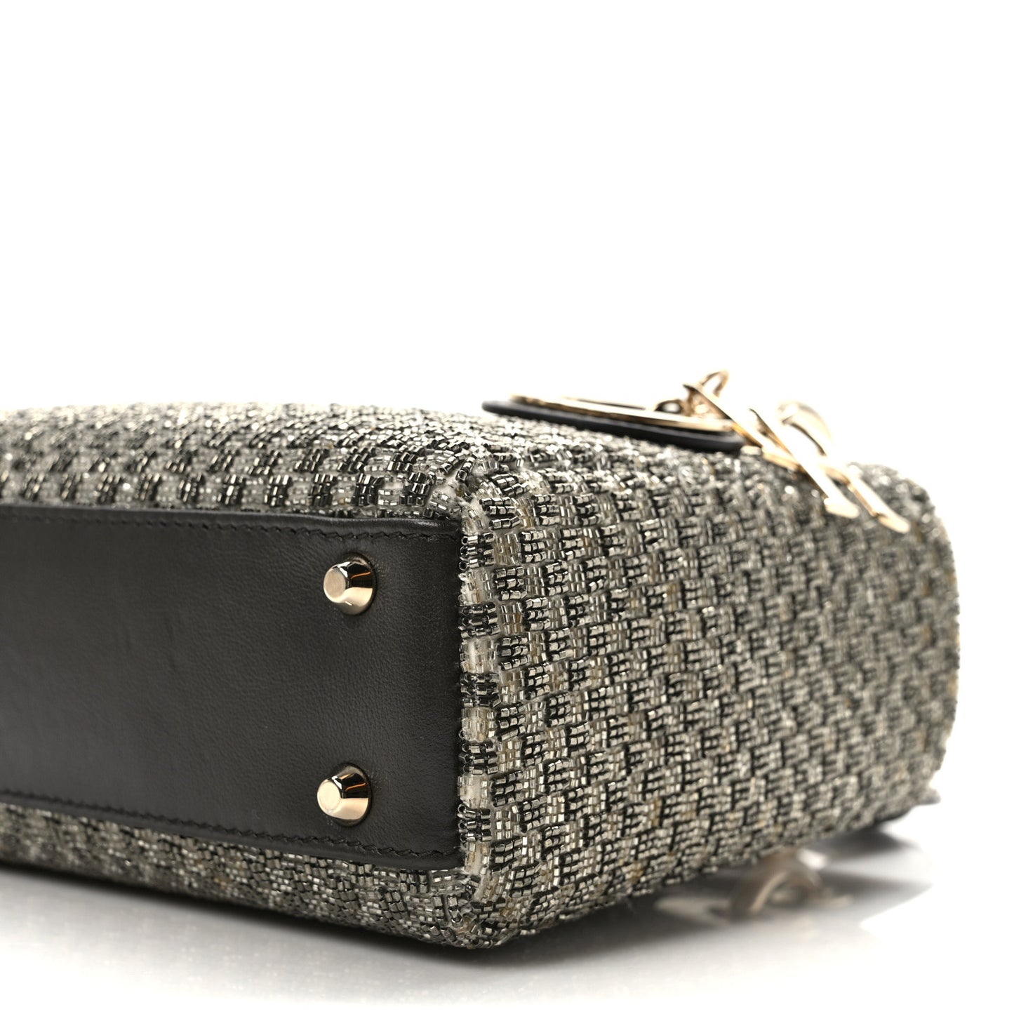 Calfskin Beaded Checkered Mini Lady Dior Grey White