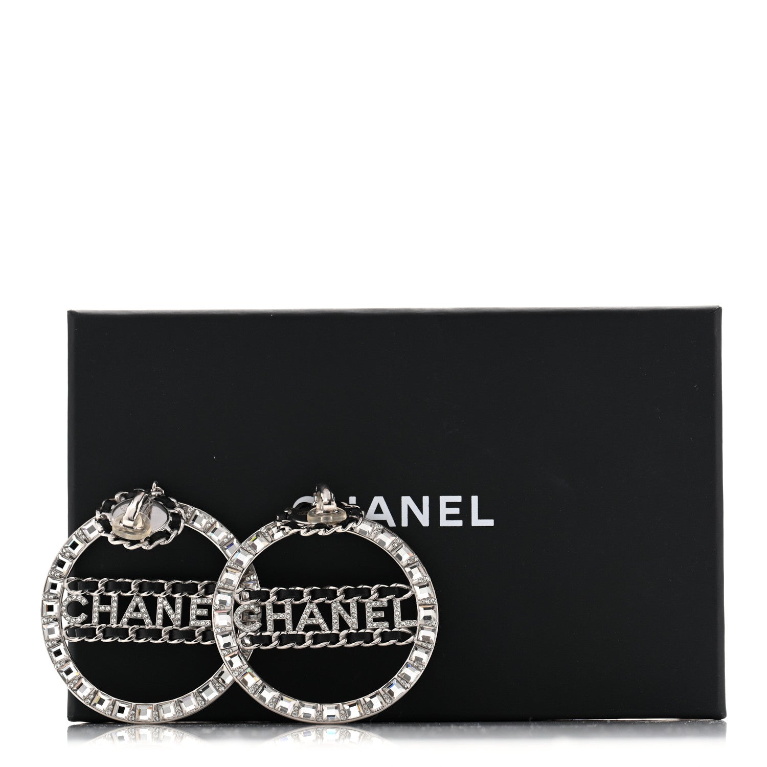 Chanel Crystal Lambskin Chain CC Hoop Clip On Earrings Black Silver 6 of 6