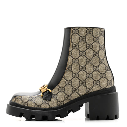 Gucci GG Supreme Monogram Magnum Calfskin Interlocking G Womens Lug Sole Ankle Boots 35 Beige Ebony Black 1 of 10