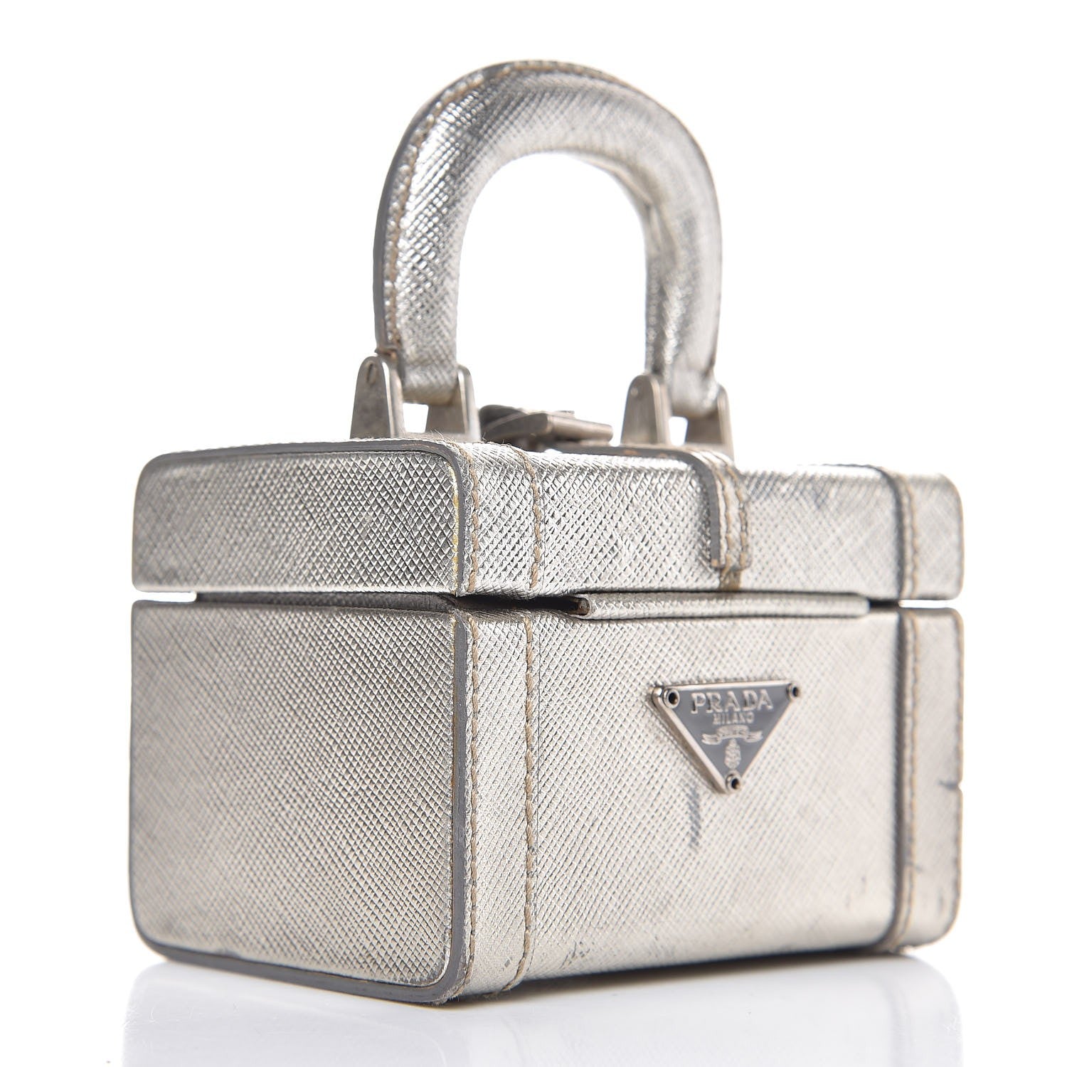 Prada Metallic Saffiano Mini Cosmetic Train Case Cromo 3 of 10