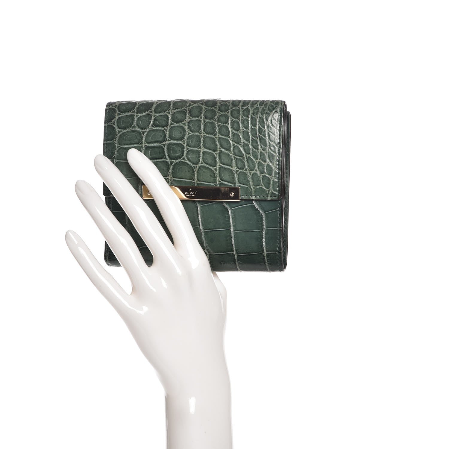 Gucci Crocodile Metal Bar French Flap Wallet Green 2 of 9