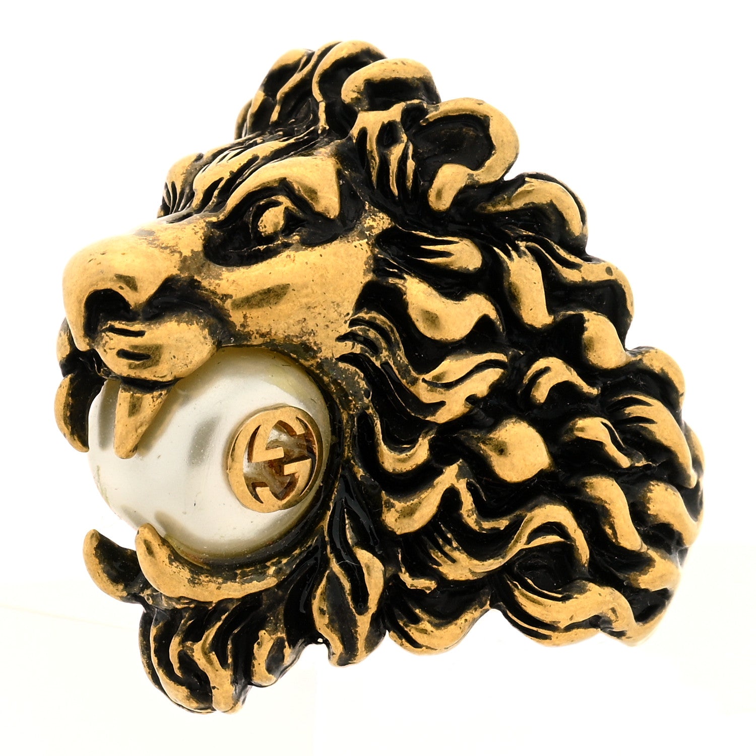 Gucci Metal Glass Pearl Lion Head Ring 6.25 Aged Gold 3 of 6