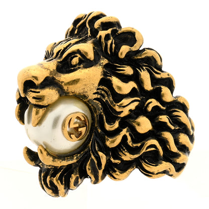 Gucci Metal Glass Pearl Lion Head Ring 6.25 Aged Gold 3 of 6