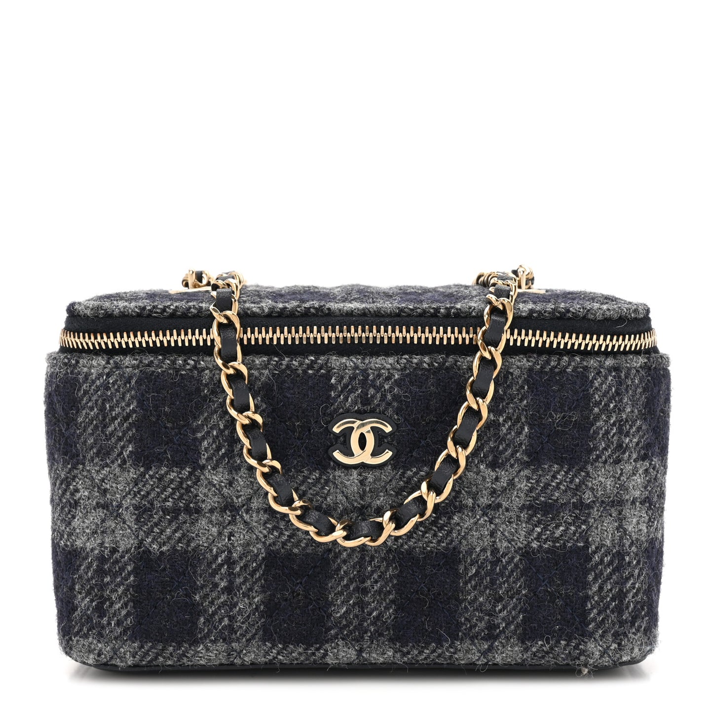 Wool Plaid Quilted Small Vanity Case With Chain Blue