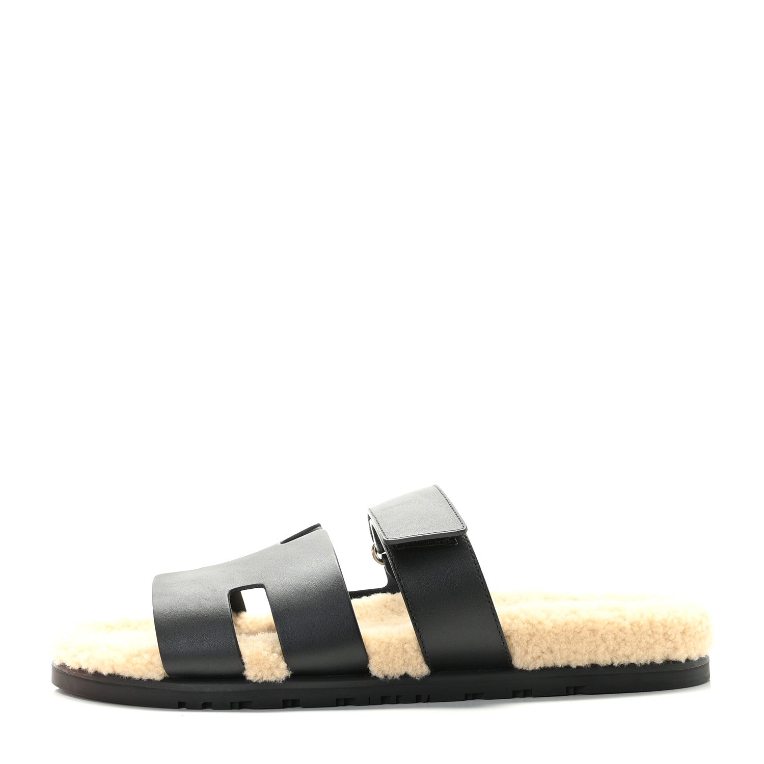 Hermes Veau Indios Woolskin Mens Chypre Sandals 43 Black Ecru 1 of 13