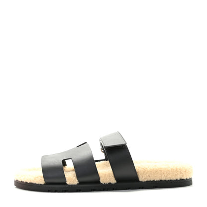 Hermes Veau Indios Woolskin Mens Chypre Sandals 43 Black Ecru 1 of 13