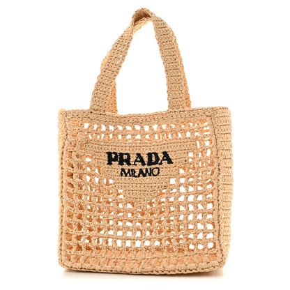Prada Yarn Raffia Effect Crochet Logo Embroidered Small Tote Bag Naturale 1 of 12