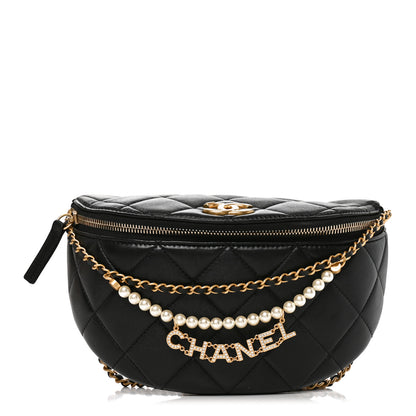 Chanel Shiny Lambskin Quilted Pearl Logo Waist Bag Black 1 of 10