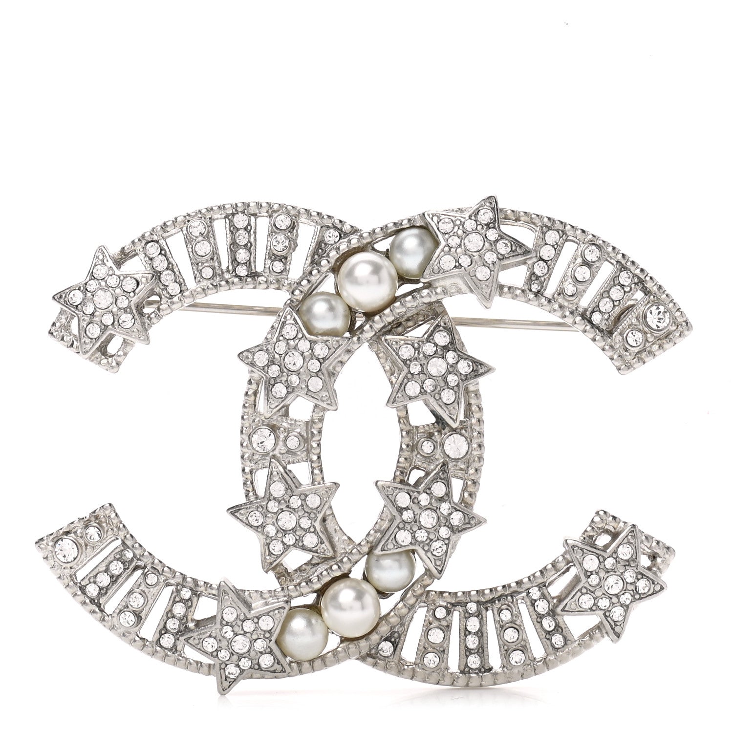Chanel Crystal Pearl CC Star Coco Flapper Brooch Silver 1 of 6